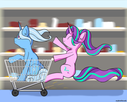 Size: 1584x1272 | Tagged: safe, artist:exploretheweb, derpibooru import, starlight glimmer, trixie, pony, unicorn, duo, eyes closed, female, mare, ride, shopping cart