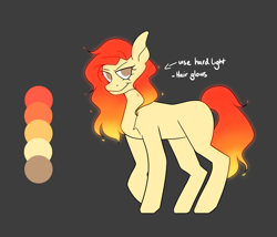 Size: 2048x1750 | Tagged: safe, artist:neonbugzz, derpibooru import, oc, oc:flaring blaze, earth pony, pony, earth pony oc, fire, fullbody, red, reference sheet, solo, yellow