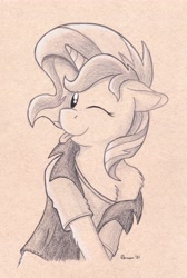 Size: 3375x5008 | Tagged: safe, artist:peruserofpieces, derpibooru import, sunset shimmer, unicorn, clothes, crossed legs, ears, equestria girls outfit, female, floppy ears, horn, looking at you, mare, off shoulder, one eye closed, pencil drawing, smiling, smiling at you, solo, solo female, toned paper, tongue, tongue out, traditional art, wink