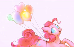 Size: 3989x2589 | Tagged: safe, artist:mirroredsea, derpibooru import, pinkie pie, earth pony, pony, balloon, colored pupils, cute, diapinkes, female, floating, happy, looking at you, mare, open mouth, smiling, solo, then watch her balloons lift her up to the sky
