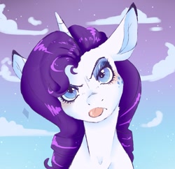 Size: 1241x1200 | Tagged: safe, artist:woollyart, derpibooru import, rarity, pony, unicorn, alternative cutie mark placement, facial cutie mark, female, grumpy, looking at you, mare, sky, solo, tongue, tongue out