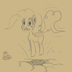 Size: 1200x1200 | Tagged: safe, artist:hotkinkajou, pinkie pie, earth pony, pony, /mlp/, chinese earthquake, cracks, drawthread, excited, female, foaming at the mouth, food, irrational exuberance, jumping, lineart, mare, monochrome, pronking, simple background, whipped cream