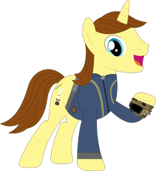 Size: 3224x3546 | Tagged: safe, artist:ponygamer2020, artist:porygon2z, derpibooru import, oc, oc only, oc:hocus pocus, pony, unicorn, fallout equestria, clothes, fallout, high res, horn, jumpsuit, looking at you, male, open mouth, pipboy, simple background, solo, stallion, suit, transparent background, unicorn oc, vault suit, vector