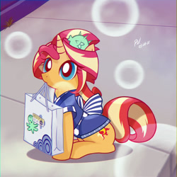 Size: 1280x1280 | Tagged: safe, artist:branewashpv, derpibooru import, sunset shimmer, pony, unicorn, eqg summertime shorts, equestria girls, good vibes, 90s anime, bag, chromatic aberration, clothes, cute, equestria girls ponified, female, looking up, mare, mouth hold, particles, ponified, shimmerbetes, shopping bag, sitting, solo, sunset sushi