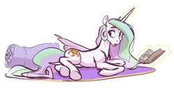 Size: 1260x666 | Tagged: safe, artist:nadnerbd, derpibooru import, princess celestia, alicorn, pony, book, dock, looking back, lying down, pillow, reading, sketch, solo