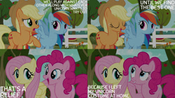 Size: 1280x720 | Tagged: safe, derpibooru import, edit, edited screencap, editor:quoterific, screencap, applejack, fluttershy, pinkie pie, rainbow dash, earth pony, pegasus, pony, buckball season, season 6, apple, applejack's hat, clothes, cowboy hat, duo, duo female, eyes closed, female, food, hat, mare, open mouth, smiling, spread wings, tree, wings