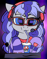 Size: 2373x2993 | Tagged: safe, artist:gleamydreams, derpibooru import, oc, oc:cinnabyte, earth pony, clothes, earth pony oc, enamel pin, gaming, gaming headset, glasses, socks, super mario bros., super mushroom