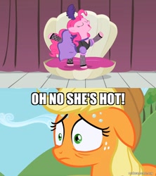 Size: 800x900 | Tagged: safe, derpibooru import, edit, edited screencap, screencap, applejack, pinkie pie, earth pony, pony, over a barrel, the super speedy cider squeezy 6000, applepie, clothes, dress, female, lesbian, mare, oh no he's hot, saloon dress, saloon pinkie, shipping, spongebob squarepants, squilliam returns