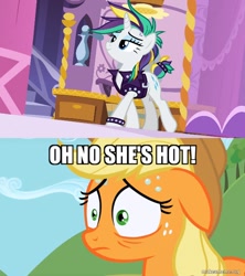 Size: 600x676 | Tagged: safe, derpibooru import, edit, edited screencap, screencap, applejack, rarity, earth pony, pony, unicorn, it isn't the mane thing about you, the super speedy cider squeezy 6000, alternate hairstyle, caption, female, image macro, lesbian, mare, oh no he's hot, punk, rarijack, raripunk, shipping, spongebob squarepants, squilliam returns, text