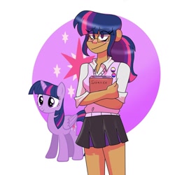 Size: 1080x1080 | Tagged: safe, artist:bunny_b0nez, derpibooru import, twilight sparkle, twilight sparkle (alicorn), alicorn, human, pony, book, clothes, cutie mark background, duo, eyelashes, female, glasses, headcanon, horn, humanized, lgbt headcanon, mare, self ponidox, sexuality headcanon, skirt, smiling, wings