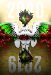 Size: 1080x1596 | Tagged: safe, artist:jvartes6112, derpibooru import, oc, oc only, alicorn, pony, 2019, 2020, alicorn oc, bust, duality, flower, horn, rose, spread wings, two toned wings, wings