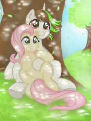 Size: 768x1024 | Tagged: safe, artist:jvartes6112, derpibooru import, oc, alicorn, pony, alicorn oc, canon x oc, dappled sunlight, female, horn, hug, leaves, male, mare, outdoors, shipping, sitting, smiling, stallion, straight, tree, wings