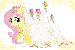 Size: 1596x1080 | Tagged: safe, alternate version, artist:jvartes6112, derpibooru import, fluttershy, butterfly, pegasus, pony, braid, clothes, dress, eyelashes, female, hoof shoes, mare, raised hoof, raised leg, simple background, smiling, solo, transparent background, wedding dress