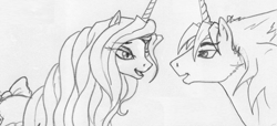 Size: 628x286 | Tagged: safe, artist:leovictor, derpibooru import, edit, oc, oc:damian mitsugi hiraga, oc:nyx, alicorn, unicorn, alicorn oc, female, horn, husband and wife, male, monochrome, oc x oc, older nyx, shipping, simple background, straight, unicorn oc, white background, wings