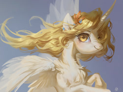 Size: 2000x1500 | Tagged: safe, artist:makkah, derpibooru import, princess celestia, alicorn, pony, chest fluff, female, flower, flower in hair, mare, solo, young celestia, younger