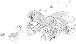 Size: 850x494 | Tagged: safe, artist:alloyrabbit, derpibooru import, cheerilee, earth pony, pony, crushing, destruction, female, giant pony, giantess, houses, macro, mare, monochrome, running, unaware