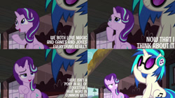 Size: 1280x720 | Tagged: safe, derpibooru import, edit, edited screencap, editor:quoterific, screencap, dj pon-3, starlight glimmer, vinyl scratch, pony, unicorn, season 7, uncommon bond, duo, duo female, female, headphones, mare, open mouth, train station