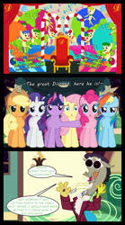 Size: 1280x2300 | Tagged: safe, artist:bigsnusnu, derpibooru import, applejack, discord, dusk shine, fluttershy, pinkie pie, rainbow dash, rarity, twilight sparkle, draconequus, earth pony, pegasus, unicorn, comic:dusk shine in pursuit of happiness, candy, candy cane, chair, charlie and the chocolate factory, clapping, curtains, food, happy, puppet, rule 63, singing, suspicious, throne, willy wonka