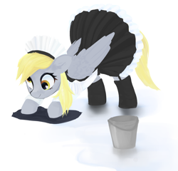 Size: 1278x1227 | Tagged: safe, artist:some_ponu, derpibooru import, derpy hooves, pegasus, pony, bucket, clothes, maid, simple background, white background