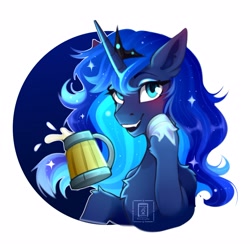 Size: 3543x3543 | Tagged: safe, artist:buvanybu, derpibooru import, princess luna, alicorn, pony, alcohol, blushing, chest fluff, cider, cute, cute little fangs, drink, drunk, ear blush, ear fluff, ears, ethereal mane, eyelashes, eyeshadow, fangs, female, glowing mane, go home you're drunk, high res, horseshoes, jewelry, leg fluff, looking at you, lunabetes, makeup, mare, mug, shoulder fluff, simple background, smiling, smiling at you, solo, sparkles, starry mane, tiara, unshorn fetlocks, white background