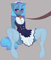 Size: 3000x3500 | Tagged: safe, artist:evlass, derpibooru import, oc, oc:clover glaze, anthro, pony, unguligrade anthro, unicorn, bell, bell collar, cat bell, clothes, collar, commission, garters, leash, maid, open mouth, pet play, solo, stockings, thigh highs, ych sketch