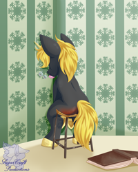 Size: 768x960 | Tagged: safe, artist:sugardust-charm, derpibooru import, oc, pony, unicorn, book, bubble, colt, male, soap, solo, spanked, stool, time out