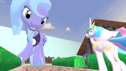 Size: 1280x720 | Tagged: safe, artist:hero361, derpibooru import, princess celestia, princess luna, alicorn, pony, 3d, female, giant pony, giantess, gmod, macro, mare, s1 luna, size difference