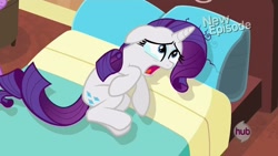 Size: 1280x720 | Tagged: safe, derpibooru import, screencap, rarity, pony, unicorn, rarity takes manehattan, bed, crying, drama queen, female, hub logo, new episode, open mouth, rarity being rarity, solo