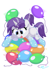 Size: 1024x1449 | Tagged: safe, artist:praisecastiel, derpibooru import, oc, oc:indigo wire, unicorn, balloon, balloon sitting, coat markings, cute, female, mare, party balloon, ponytail, socks (coat marking), tongue, tongue out