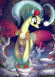 Size: 1024x1449 | Tagged: safe, artist:neoshrek, derpibooru import, princess skystar, hippogriff, seapony (g4), my little pony: the movie, bioluminescent, blue mane, bubble, clothes, coral, eyelashes, female, fins, fish tail, flower, flower in hair, glow, jewelry, necklace, ocean, open mouth, pearl necklace, red wings, seashell, see-through, shell, smiling, solo, swimming, tail, underwater, water, wings