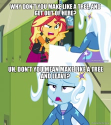 Size: 800x900 | Tagged: safe, derpibooru import, edit, edited screencap, screencap, sunset shimmer, trixie, equestria girls, equestria girls series, forgotten friendship, back to the future, caption, image macro, text