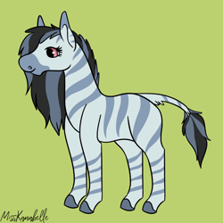 Size: 2000x2000 | Tagged: safe, artist:misskanabelle, derpibooru import, oc, oc only, oc:periwinkle plains, zebra, eyelashes, female, green background, leonine tail, mare, signature, simple background, solo, zebra oc