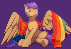 Size: 1970x1356 | Tagged: safe, artist:ailoy4, derpibooru import, oc, oc only, oc:bulwark, pegasus, pony, looking at you, male, pegasus oc, pride flag, rainbow flag, sitting, smiling, smiling at you, solo, stallion, underhoof