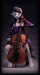 Size: 3840x7200 | Tagged: safe, artist:imafutureguitarhero, derpibooru import, octavia melody, anthro, earth pony, unguligrade anthro, 3d, abstract background, absurd resolution, alternate mane, bolero jacket, border, bow (instrument), cello, cheek fluff, chromatic aberration, clothes, colored eyebrows, colored eyelashes, corset, cute, detailed hair, ear fluff, ear piercing, earring, ears, female, film grain, fluffy, fur, jacket, jewelry, knee fluff, leg fluff, mare, musical instrument, nose wrinkle, pendant, piercing, playing instrument, revamped anthros, revamped ponies, signature, sitting, skirt, smiling, solo, source filmmaker, tavibetes, vertical