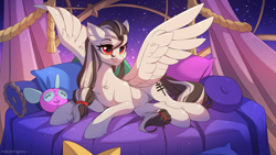 Size: 3000x1688 | Tagged: safe, artist:redchetgreen, derpibooru import, oc, oc only, oc:indicia, pegasus, pony, bed, female, high res, lying down, mare, night, pegasus oc, prone, red eyes, smiling, solo, stars