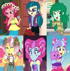 Size: 1623x1658 | Tagged: safe, derpibooru import, edit, edited screencap, screencap, gloriosa daisy, juniper montage, kiwi lollipop, princess thunder guts, supernova zap, vignette valencia, wallflower blush, dog, better together, equestria girls, forgotten friendship, legend of everfree, lost and pound, lost and pound: rarity, lost and pound: spike, movie magic, rollercoaster of friendship, spoiler:eqg specials, cellphone, clothes, computer, costume, cropped, garden, k-lo, magical geodes, microphone, one eye closed, phone, postcrush, reformed villain, su-z, wink, wrong aspect ratio