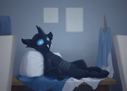 Size: 1512x1080 | Tagged: safe, artist:tsswordy, derpibooru import, oc, oc only, changeling, blue eyes, cloth, fangs, glowing eyes, horn, looking at you, lounging, lying down, male, modeling, on back, on table, pillow, solo