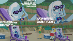 Size: 1280x720 | Tagged: safe, derpibooru import, edit, edited screencap, editor:quoterific, screencap, snails, snips, trixie, better together, equestria girls, forgotten friendship, beach, belly button, eyes closed, female, male, midriff, open mouth, sandals, sunglasses, water