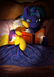 Size: 2508x3597 | Tagged: safe, artist:pridark, derpibooru import, oc, oc only, oc:lightning faraday, pegasus, pony, unicorn, bed, commission, duo, female, high res, horn, lightbulb, mare, pegasus oc, unicorn oc