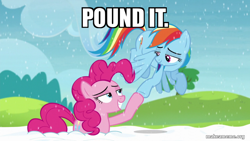 Size: 800x450 | Tagged: safe, derpibooru import, edit, edited screencap, screencap, pinkie pie, rainbow dash, earth pony, pegasus, pony, party pooped, caption, duo, duo female, female, flying, gritted teeth, hoofbump, image macro, miraculous ladybug, pound it, snow, teeth, text