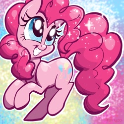 Size: 2048x2048 | Tagged: safe, artist:pfeffaroo, derpibooru import, part of a set, pinkie pie, earth pony, pony, abstract background, glitter, smiling, solo, sparkles