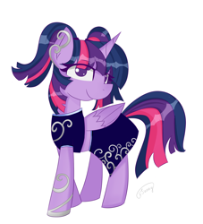 Size: 1560x1720 | Tagged: safe, artist:sunnyroop23, derpibooru import, twilight sparkle, twilight sparkle (alicorn), alicorn, pony, clothes, dress, female, looking at you, mare, pigtails, simple background, solo, twintails, white background