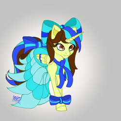 Size: 3000x3000 | Tagged: safe, artist:umbrapone, derpibooru import, oc, oc only, oc:epsi, alicorn, pony, bow, bow on leg, clothes, dress, ethanepsc4, female, gradient background, hair bow, high res, hooves, mare, solo, stripes, tail bow