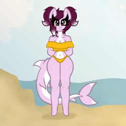 Size: 3543x3543 | Tagged: safe, artist:chubbehbunneh16, derpibooru import, oc, oc only, anthro, original species, shark, shark pony, unguligrade anthro, arm behind back, beach, body freckles, breasts, cleavage, clothes, eye clipping through hair, female, freckles, gradient mane, mare, shoulder freckles, simple background, solo, swimsuit