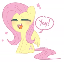 Size: 1808x1765 | Tagged: safe, artist:galactiaaa, derpibooru import, fluttershy, pegasus, pony, blushing, chibi, cute, dialogue, eyes closed, female, flutteryay, mare, no nose, open mouth, shyabetes, simple background, sitting, solo, speech bubble, white background, yay