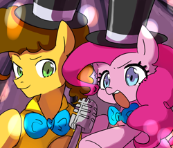 Size: 700x600 | Tagged: safe, artist:770nanao15, derpibooru import, cheese sandwich, pinkie pie, earth pony, pony, pinkie pride, bowtie, duo, female, hat, make a wish, male, mare, microphone, open mouth, scene interpretation, stallion, top hat