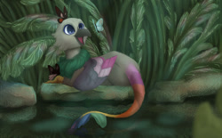 Size: 1280x795 | Tagged: safe, artist:violettacamak, derpibooru import, oc, butterfly, griffon, commission, griffon oc, lake, solo, ych result