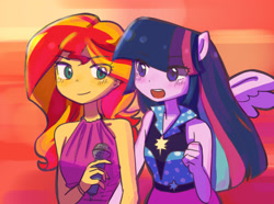 Size: 2275x1693 | Tagged: safe, artist:770nanao15, derpibooru import, sunset shimmer, twilight sparkle, twilight sparkle (alicorn), alicorn, equestria girls, rainbow rocks, duo, female, microphone, open mouth, ponied up, scene interpretation, sleeveless, welcome to the show