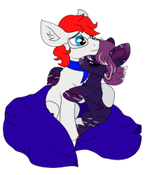 Size: 1512x1745 | Tagged: safe, artist:sajimex, derpibooru import, oc, oc only, oc:rae (min), earth pony, pegasus, pony, blanket, clothes, cut, dissociative identity disorder, duo, female, happy, hug, mare, persecutor, scar, scarf, self harm scars, simple background, smiling, transparent background