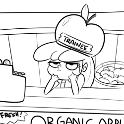 Size: 3000x3000 | Tagged: safe, artist:tjpones, derpibooru import, apple bloom, equestria girls, apple, black and white, cash register, female, food, freckles, grayscale, grumpy, hand on chin, hat, monochrome, solo